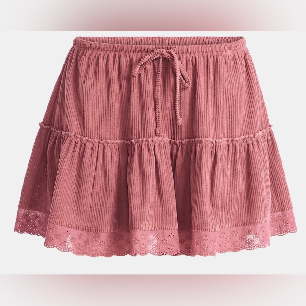 Drawcord Ruffle Mini Skirt with Lace Trim